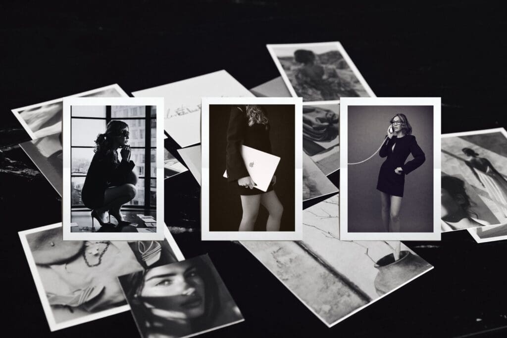 Black-and-white polaroid-style images of professional women in editorial poses, symbolizing leadership, creative identity, and personal brand development.