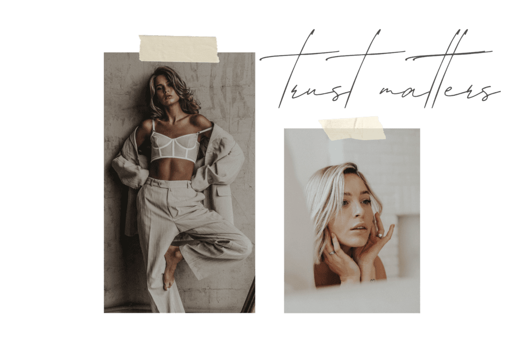 Two editorial-style portraits of women in neutral tones, styled with minimalist fashion and soft lighting, representing confidence, self-trust, and refined personal presence.