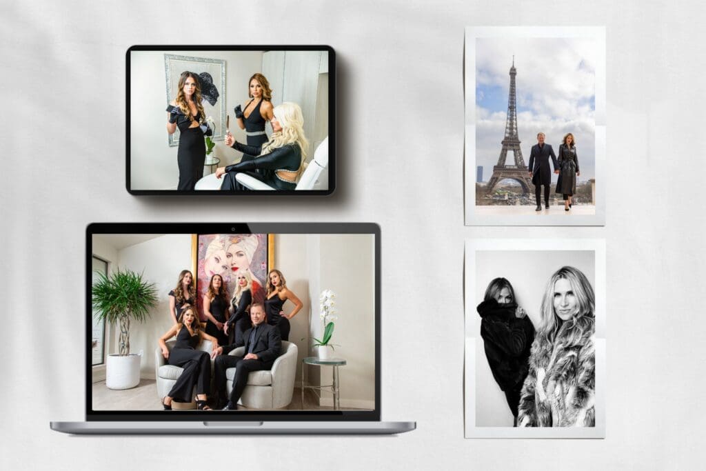 Élevé Collective team and training showcased on digital devices, featuring aesthetic professionals, injector education, and brand leadership imagery.