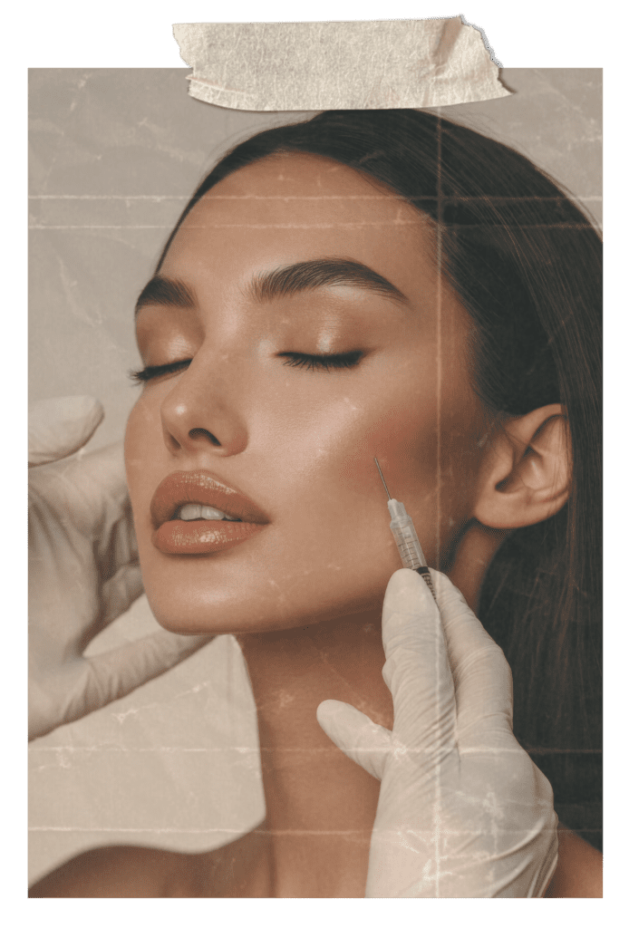 Close-up of an aesthetic injectable treatment with gloved hands and syringe, emphasizing precision, safety, and facial balance.