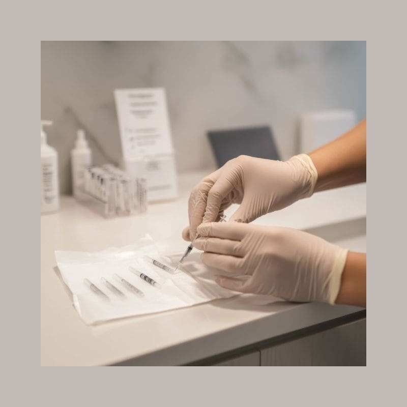 Gloved medical professional preparing injectable syringes in a luxury aesthetic clinic setting.